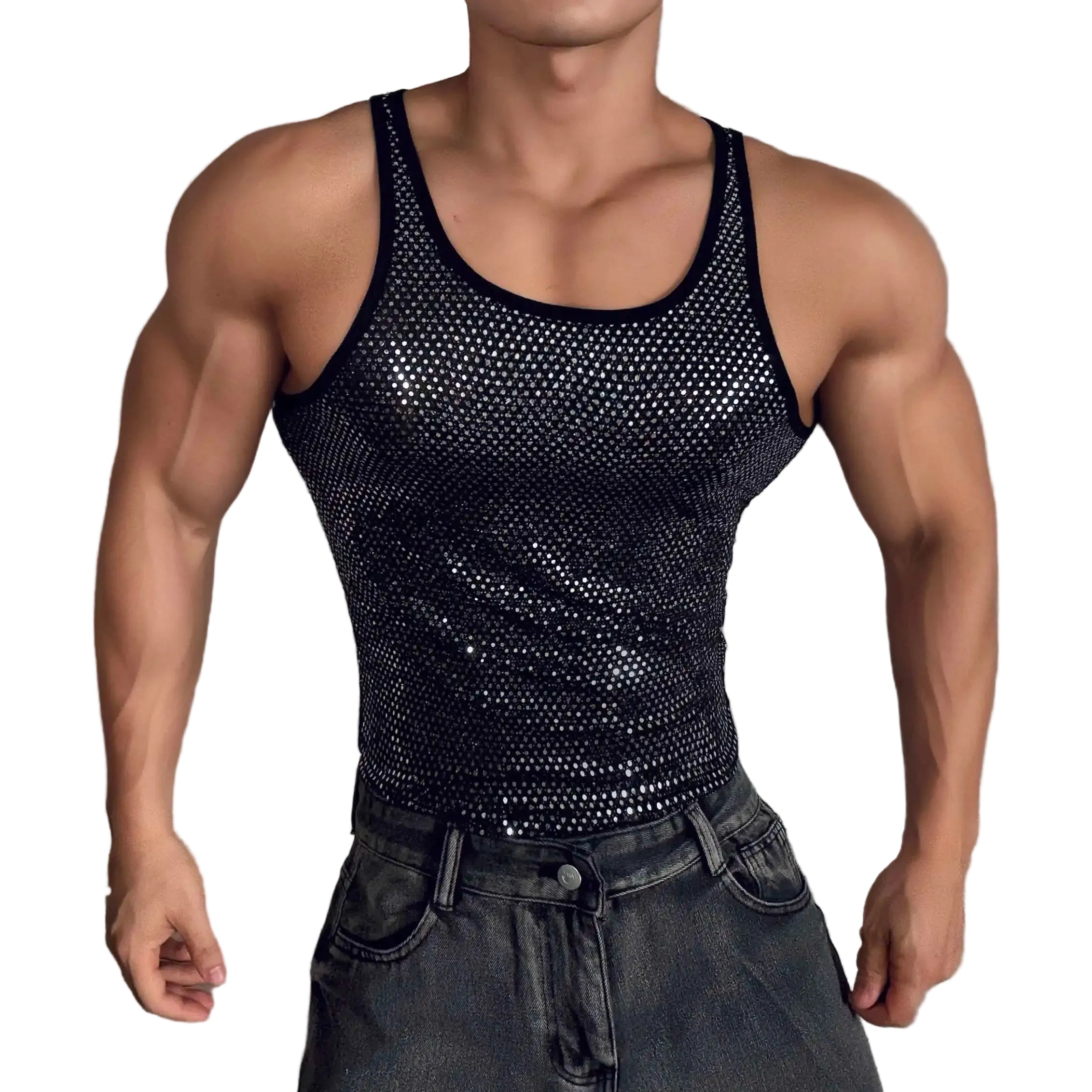 a sexy man in Black Go-Go Scoop Party Deep Scoop Sequin Tank - pridevoyageshop.com - gay men's fashion, clubwear, party outfit