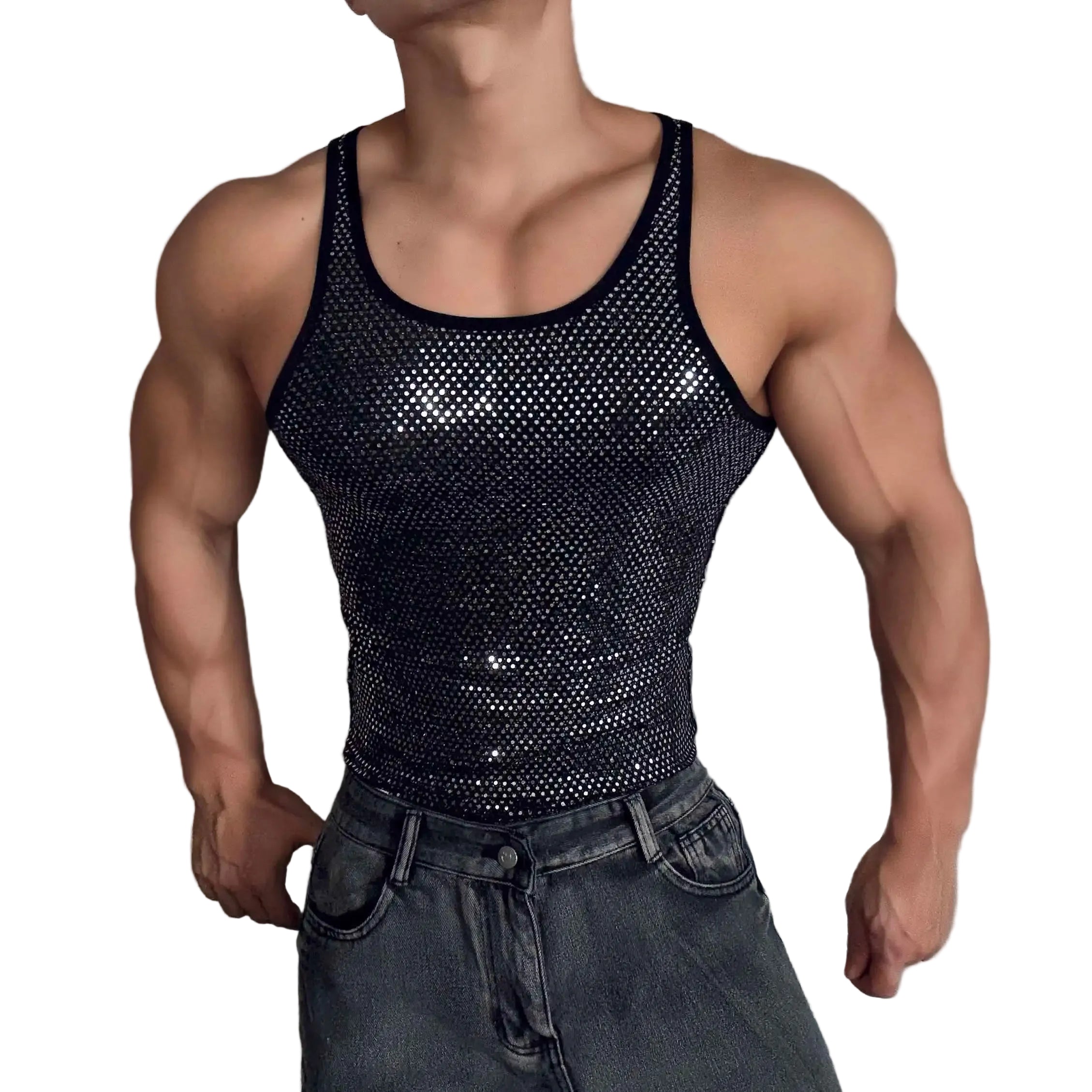 a sexy man in Black Go-Go Scoop Party Deep Scoop Sequin Tank - pridevoyageshop.com - gay men's fashion, clubwear, party outfit