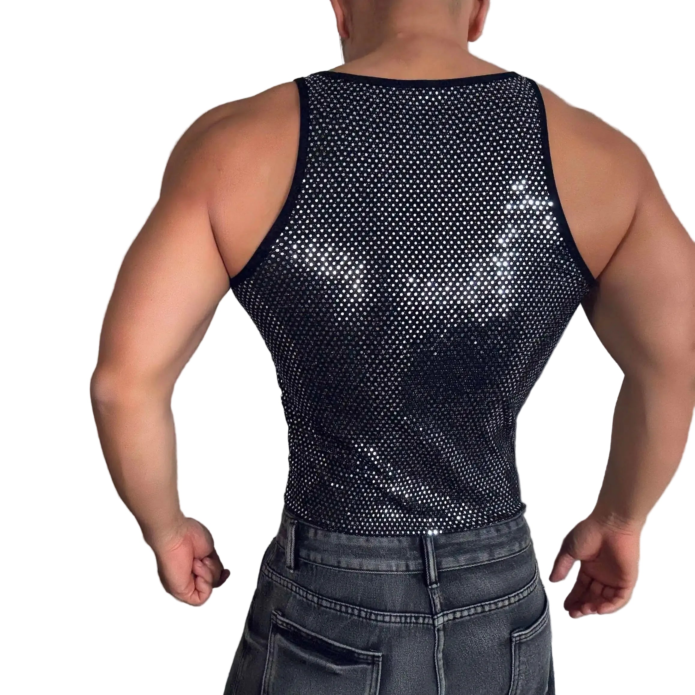 a sexy man in Black Go-Go Scoop Party Deep Scoop Sequin Tank - pridevoyageshop.com - gay men's fashion, clubwear, party outfit