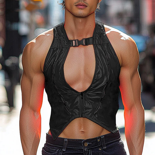 a sexy man in Black Men’s Bubblegum Shiny Cutout Vest - pridevoyageshop.com - gay men's harness, fetish gear, rave outfit