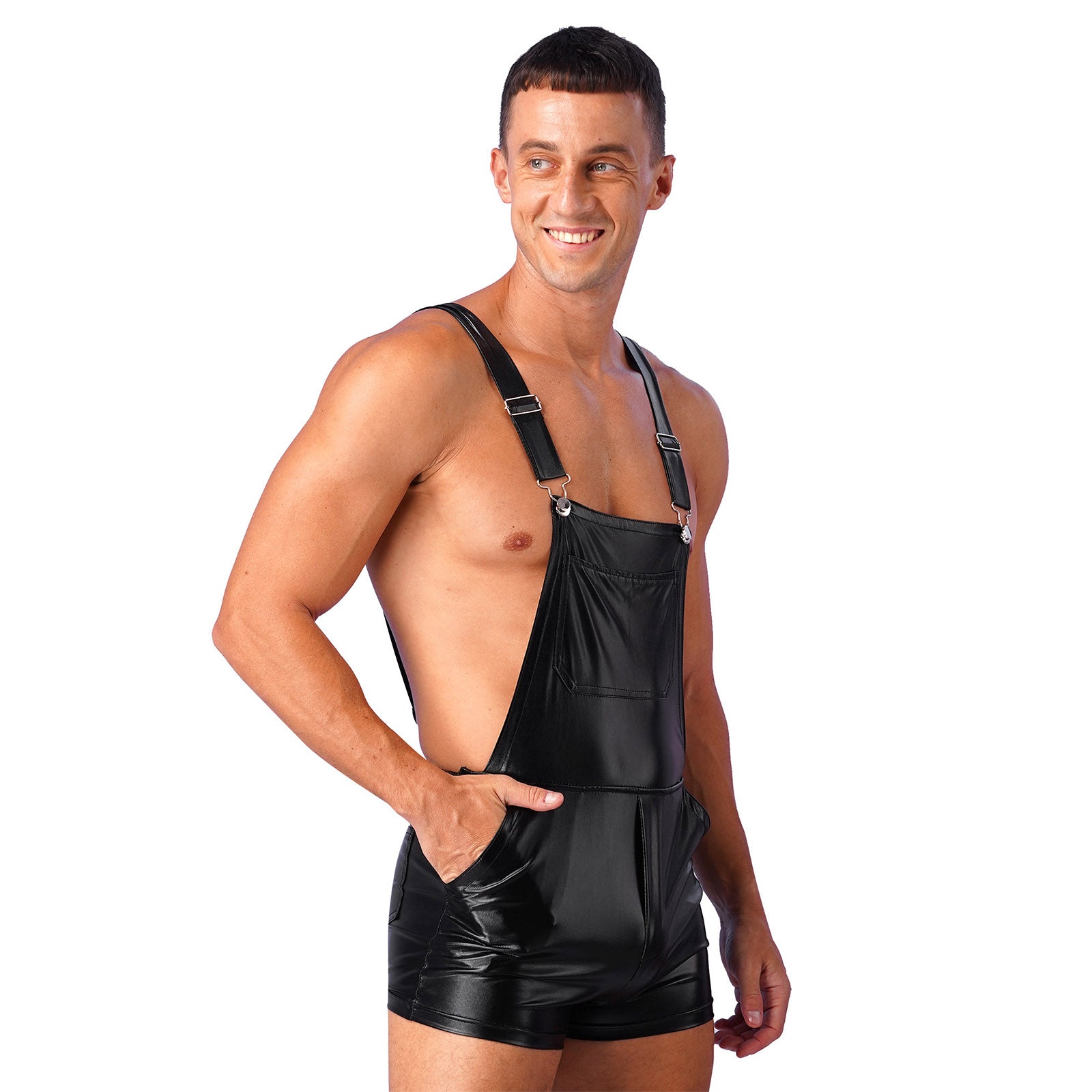a sexy man in Black P-Town Party Shortalls - pridevoyageshop.com - gay men's fashion, clubwear, party outfit