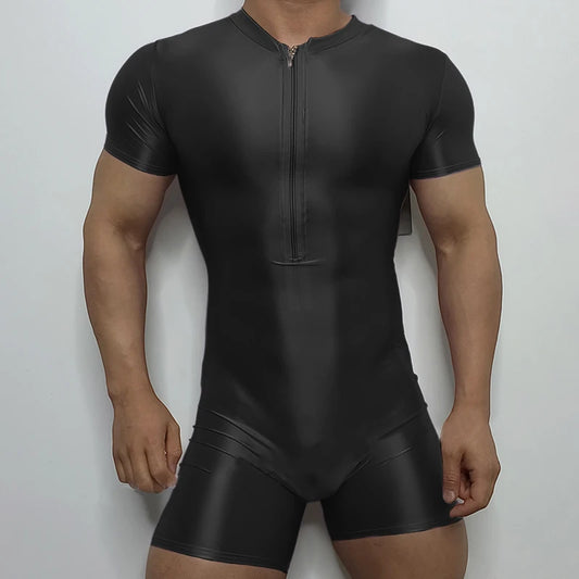 a sexy man in Black Ramrod V‑Zip Bodysuit - pridevoyageshop.com - gay men's lingerie, bodywear, fetish wear