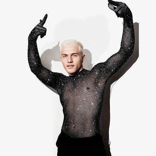 a sexy man in Black The Center of the Universe Rhinestone Mesh Top - pridevoyageshop.com - gay men's fashion, clubwear, party outfit