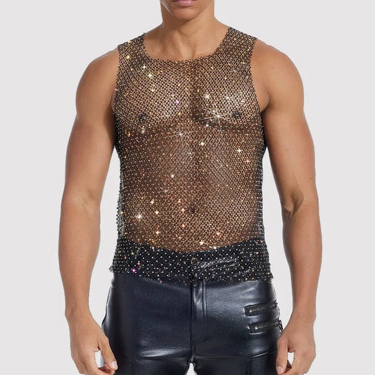 a sexy man in Black White Boy's Crowned Rhinestone Mesh Tank - pridevoyageshop.com - gay men's fashion, clubwear, party outfit