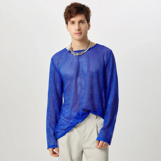 a sexy man in Blue Hook Fishnet Long Sleeve Top - pridevoyageshop.com - gay men's fashion, clubwear, party outfit