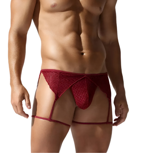a sexy man in Burgundy Men’s Stripper Thong and Garter Set - pridevoyageshop.com - gay men’s thongs, boxers, briefs and jockstraps