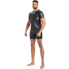 a sexy man in Crew Neck Black Blacksmith Armor Wetlook PU Fetish Top - pridevoyageshop.com - gay men's fashion, clubwear, party outfit