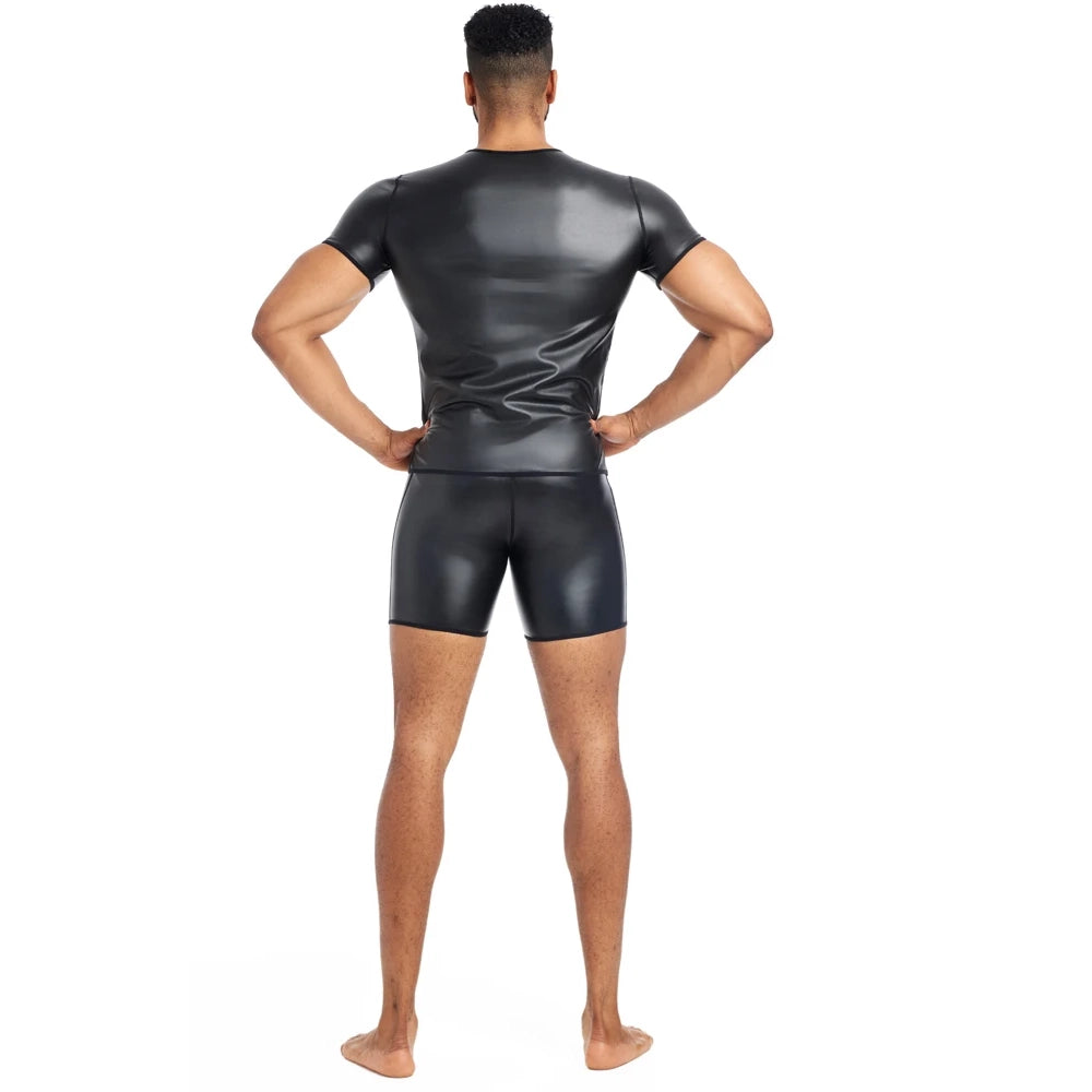 a sexy man in Crew Neck Black Blacksmith Armor Wetlook PU Fetish Top - pridevoyageshop.com - gay men's fashion, clubwear, party outfit