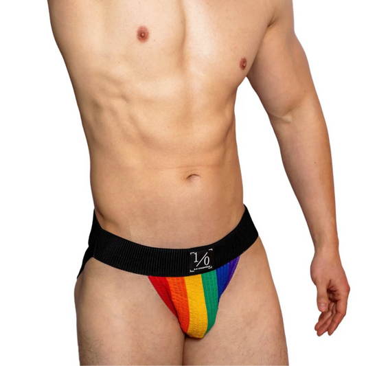 a sexy man in DM Men’s Rainbow Pride Jockstrap - pridevoyageshop.com - gay men’s thongs, boxers, briefs and jockstraps
