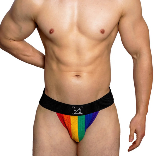 a sexy man in DM Men’s Rainbow Pride Jockstrap - pridevoyageshop.com - gay men’s thongs, boxers, briefs and jockstraps
