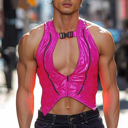 a sexy man in Dark Pink Men’s Bubblegum Shiny Cutout Vest - pridevoyageshop.com - gay men's harness, fetish gear, rave outfit