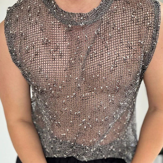 a sexy man in Gray Dive Bar Sequin MeshTank - pridevoyageshop.com - gay men's fashion, clubwear, party outfit