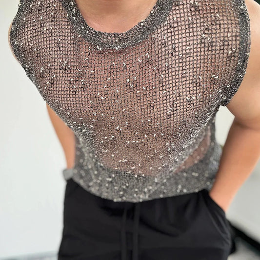 a sexy man in Gray Dive Bar Sequin MeshTank - pridevoyageshop.com - gay men's fashion, clubwear, party outfit