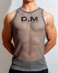 a sexy man in Gray The DM Is Open Mesh Tank - pridevoyageshop.com - gay men's fashion, clubwear, party outfit