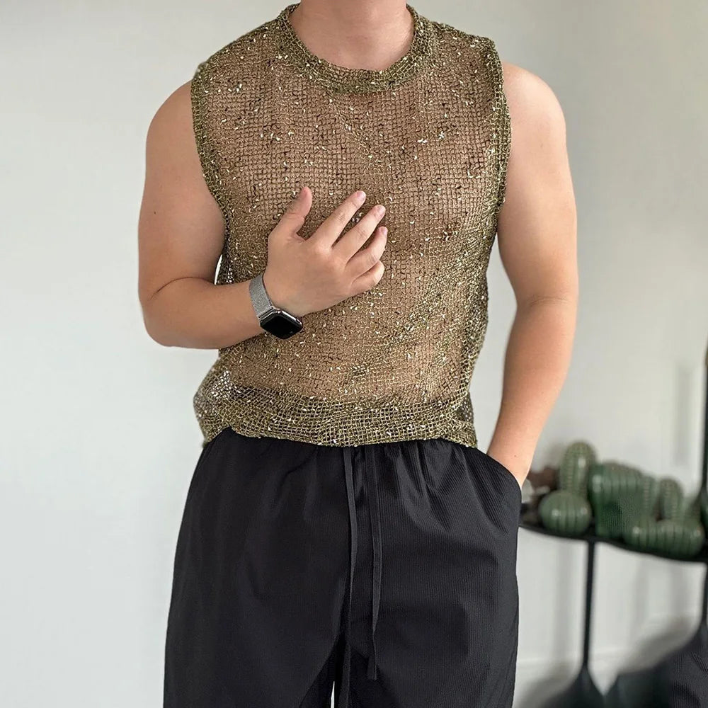 a sexy man in Green Dive Bar Sequin MeshTank - pridevoyageshop.com - gay men's fashion, clubwear, party outfit