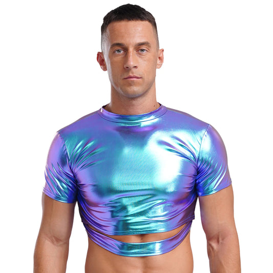 a sexy man in Holographic Blue Strobe Crop Tee - pridevoyageshop.com - gay men's fashion, clubwear, party outfit