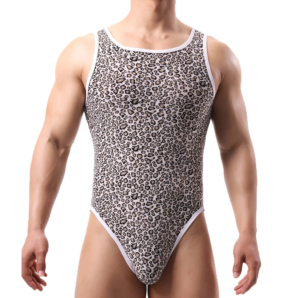 a sexy man in Ice Prowler Night Hunt Leopard Tank Bodysuit – pridevoyageshop.com – gay men’s harness, lingerie and fetish wear