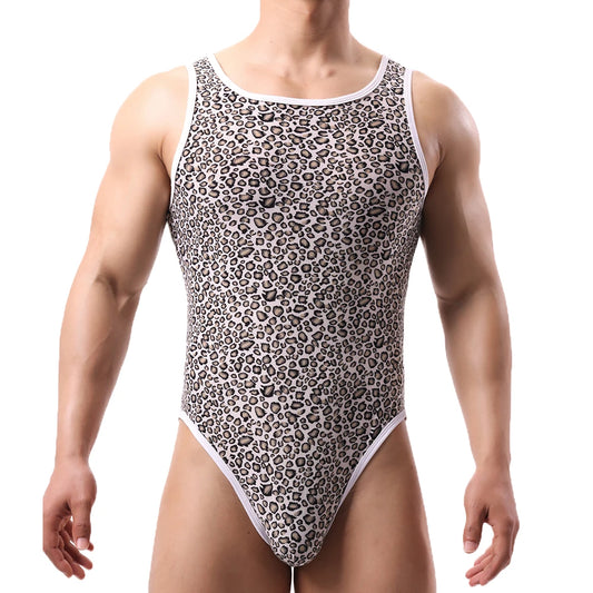 a sexy man in Ice Prowler Night Hunt Leopard Tank Bodysuit – pridevoyageshop.com – gay men’s harness, lingerie and fetish wear