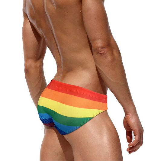 a sexy man in Men's Bottom of the Rainbow Swim Briefs - pridevoyageshop.com - gay men’s sexy swim briefs, trunks, board shorts, and bikinis