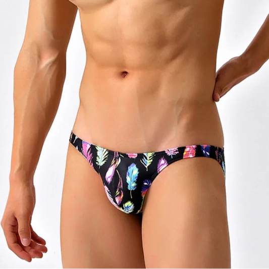 a sexy man in Men’s Colorful Feather Skinny Swim Briefs - pridevoyageshop.com - gay men’s sexy swim briefs, trunks, board shorts, and bikinis