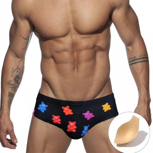 a sexy man in Men’s Gummy Bear Swim Briefs with pad - pridevoyageshop.com - gay men’s sexy swim briefs, trunks, board shorts, and bikinis