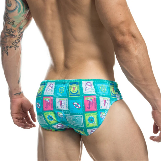 a sexy man in Men's Pervy Postcards Swim Briefs - pridevoyageshop.com - gay men’s sexy swim briefs, trunks, board shorts, and bikinis