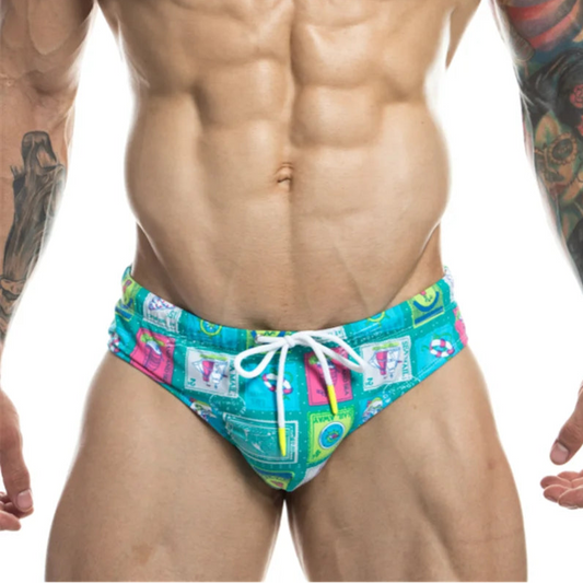 a sexy man in Men's Pervy Postcards Swim Briefs - pridevoyageshop.com - gay men’s sexy swim briefs, trunks, board shorts, and bikinis
