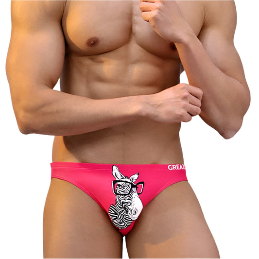 a sexy man in Men’s Pink Nerdy Zebra Swim Briefs - pridevoyageshop.com - gay men’s sexy swim briefs, trunks, board shorts, and bikinis