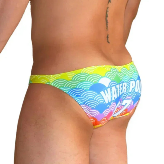 a sexy man in Men’s Poolboy Rainbow Swim Briefs - pridevoyageshop.com - gay men’s sexy swim briefs, trunks, board shorts, and bikinis
