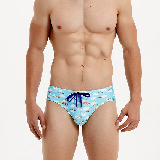a sexy man in Men's Rainbow Stars Swim Briefs - pridevoyageshop.com - gay men’s sexy swim briefs, trunks, board shorts, and bikinis