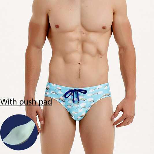 a sexy man in Men's Rainbow Stars Swim Briefs with pad- pridevoyageshop.com - gay men’s sexy swim briefs, trunks, board shorts, and bikinis