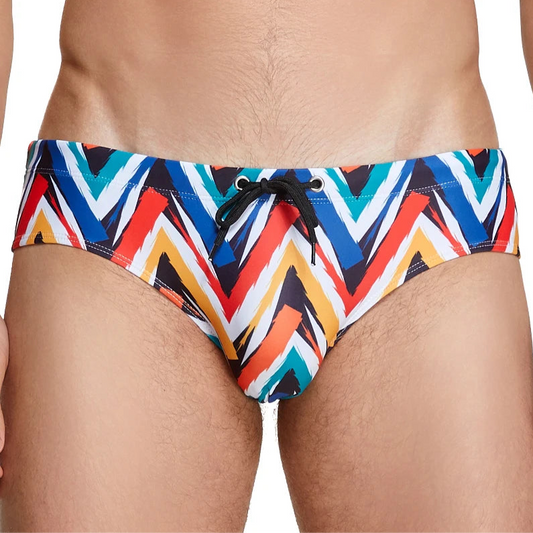 a sexy man in Men’s Zigzag Zaddy Swim Briefs - pridevoyageshop.com - gay men’s sexy swim briefs, trunks, board shorts, and bikinis