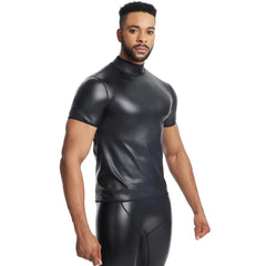 a sexy man in Mock Neck Black Blacksmith Armor Wetlook PU Fetish Top - pridevoyageshop.com - gay men's fashion, clubwear, party outfit