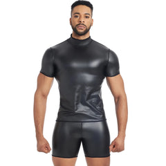 a sexy man in Mock Neck Black Blacksmith Armor Wetlook PU Fetish Top - pridevoyageshop.com - gay men's fashion, clubwear, party outfit