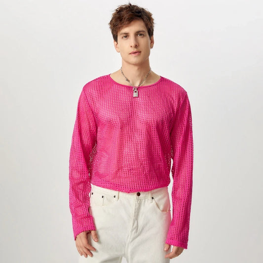 a sexy man in Pink Hook Fishnet Long Sleeve Top - pridevoyageshop.com - gay men's fashion, clubwear, party outfit