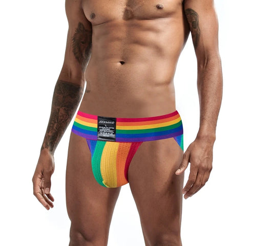 a sexy man in Rainbow Pride Flash Bikini Brief - pridevoyageshop.com - gay men's underwear, Pride rainbow bikini