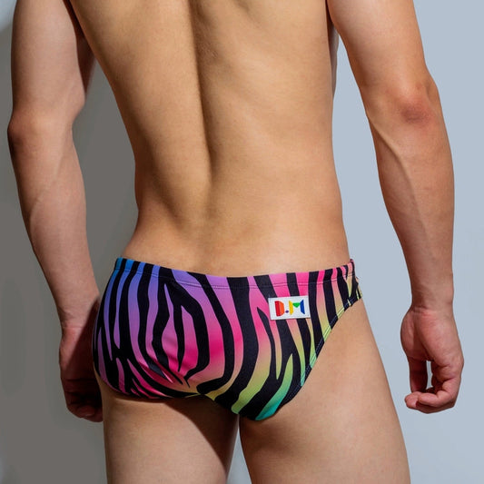 a sexy man in Rainbow Zebra Men’s Savage Safari Swim Briefs - pridevoyageshop.com - gay men’s sexy swim briefs, trunks, board shorts, and bikinis