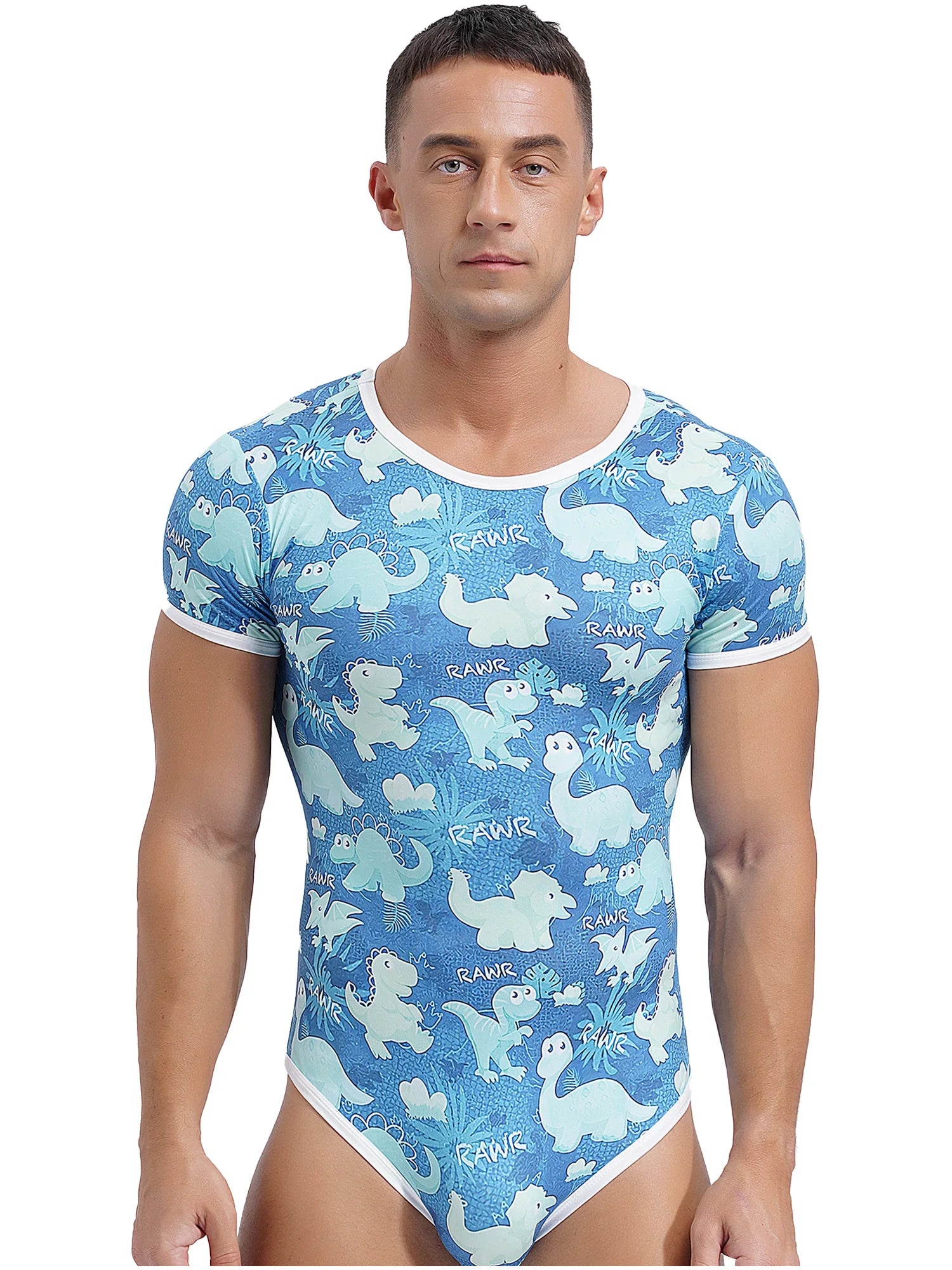 a sexy man in Rawr Baby Blue Daddy’s Boy Printed Onesie, soft baby-blue cartoon print, tight fit, cute boyish playful energy – pridevoyageshop.com – gay men’s harness, lingerie and fetish wear