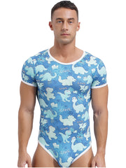 a sexy man in Rawr Baby Blue Daddy’s Boy Printed Onesie, soft baby-blue cartoon print, tight fit, cute boyish playful energy – pridevoyageshop.com – gay men’s harness, lingerie and fetish wear