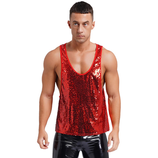 a sexy man in Red Bourbon Street Tease Deep Scoop Sequin Tank - pridevoyageshop.com - gay men's fashion, clubwear, party outfit