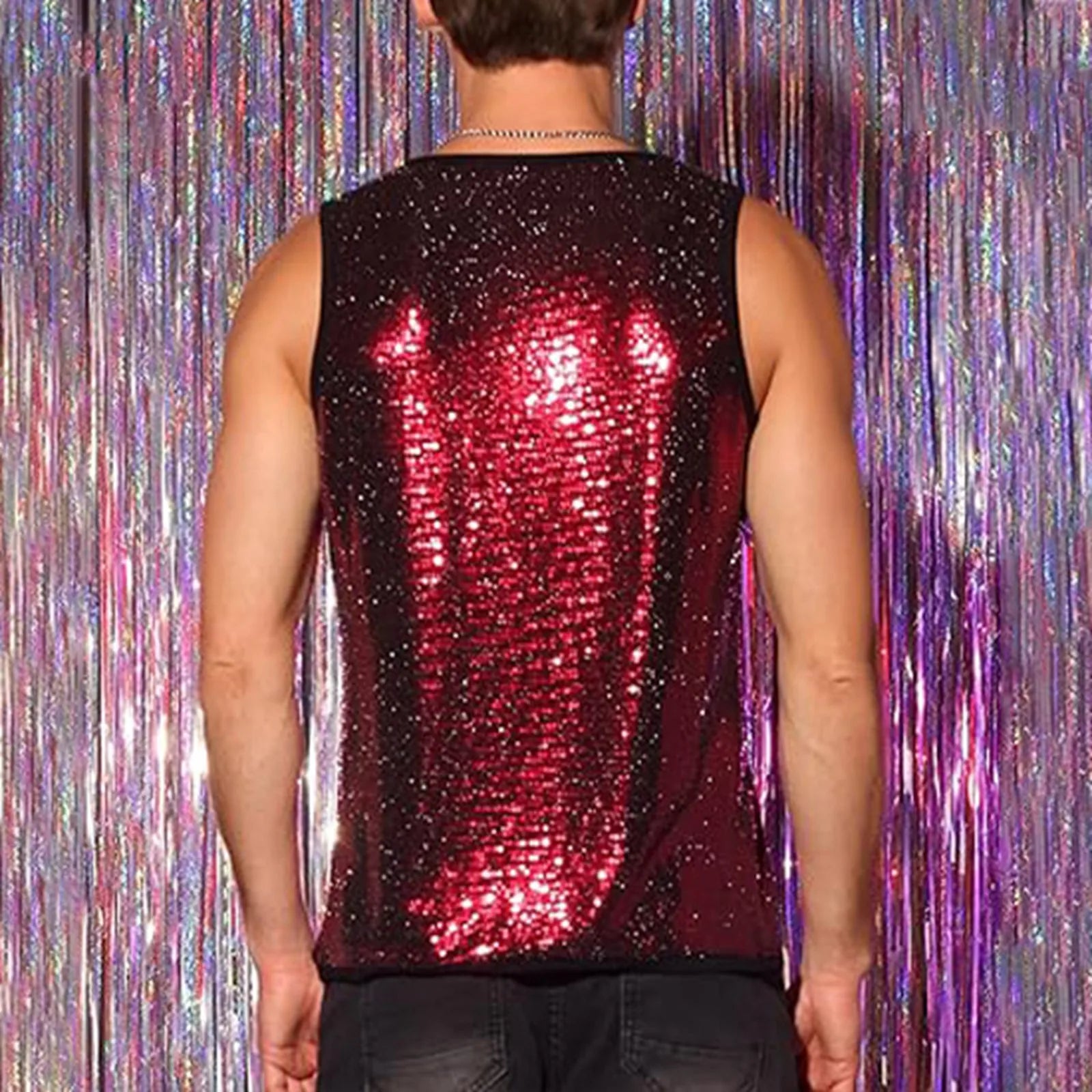 a sexy man in Red Last Call Sequin Tank - pridevoyageshop.com - gay men's fashion, clubwear, party outfit