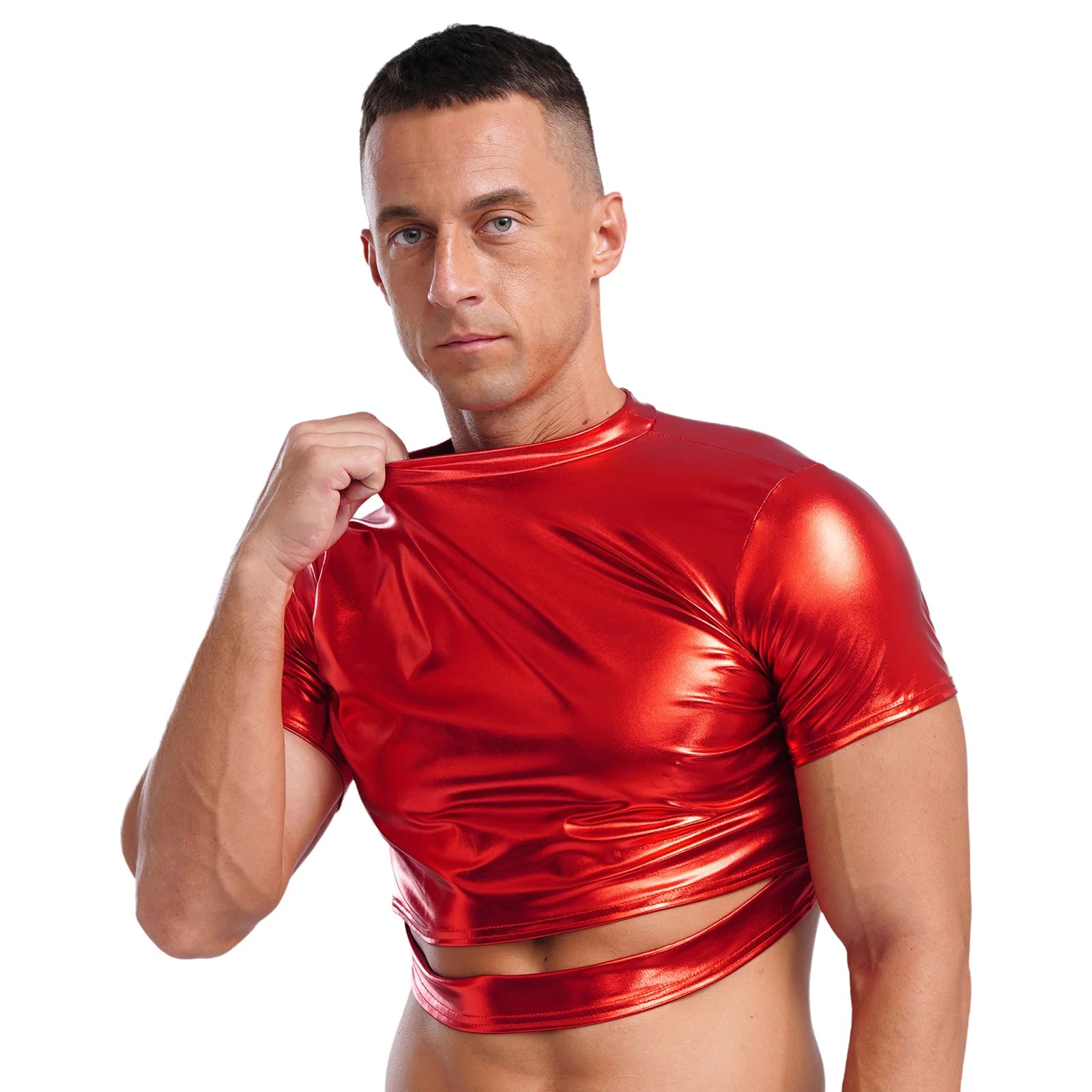 a sexy man in Red Strobe Crop Tee - pridevoyageshop.com - gay men's fashion, clubwear, party outfit