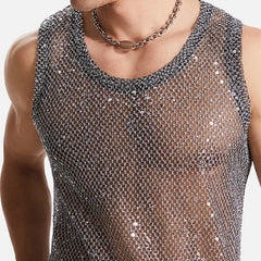 a sexy man in Silver Catch Light Sequin Mesh Tank - pridevoyageshop.com - gay men's fashion, clubwear, party outfit