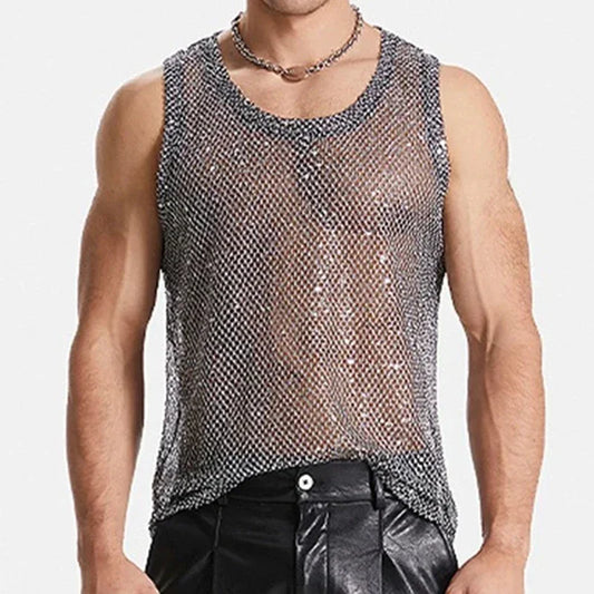 a sexy man in Silver Catch Light Sequin Mesh Tank - pridevoyageshop.com - gay men's fashion, clubwear, party outfit