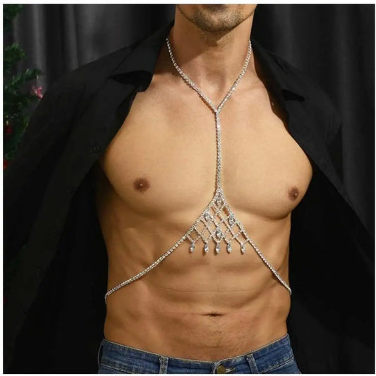 a sexy man in Silver Chelsea Showboy Crystal Body Chain - pridevoyageshop.com - gay men's harness, fetish gear, rave outfit