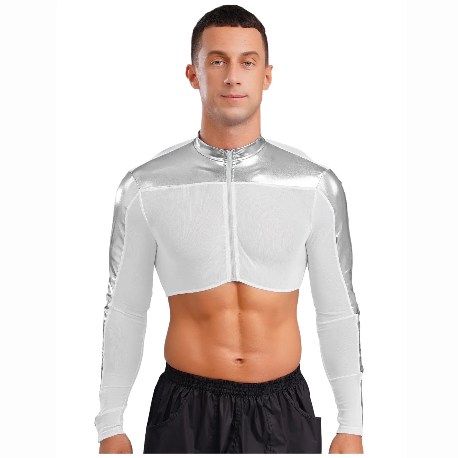 a sexy man in Silver Hyperstrike Crop Jacket - pridevoyageshop.com - gay men's fashion, clubwear, party outfit