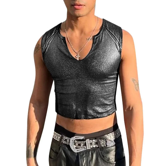a sexy man in Silver Midnight Lamé Metallic V-Crop - pridevoyageshop.com - gay men's fashion, clubwear, party outfit