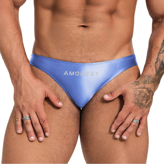 a sexy man in Very Peri Men’s Shiny Lube Job Mini Swim Briefs - pridevoyageshop.com - gay men’s sexy swim briefs, trunks, board shorts, and bikinis