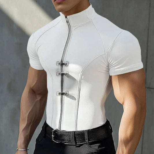 a sexy man in White Castro Catwalk Zip Tee - pridevoyageshop.com - gay men's fashion, clubwear, party outfit