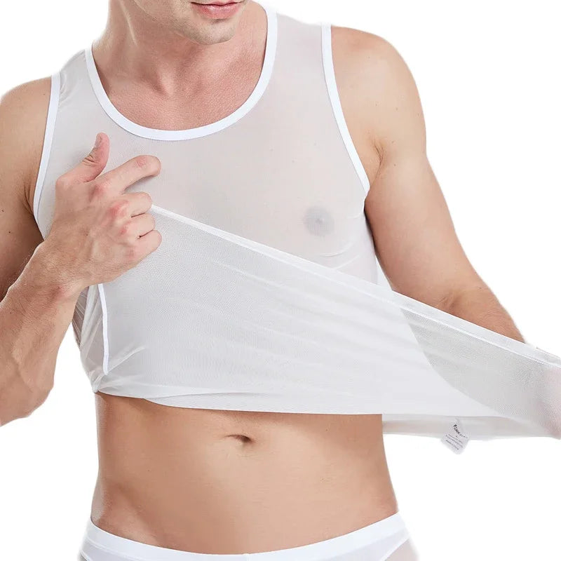 a sexy man in White Discreet Mesh Tank - pridevoyageshop.com - gay men's fashion, clubwear, party outfit
